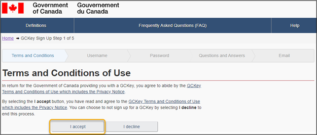 The Terms and Conditions of Use page is displayed. I accept and I decline buttons are pictured below the terms and conditions of use.