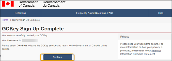 The GCKey Sign Up Complete page is displayed. It confirms the successful creation of GCKey and the associated username.